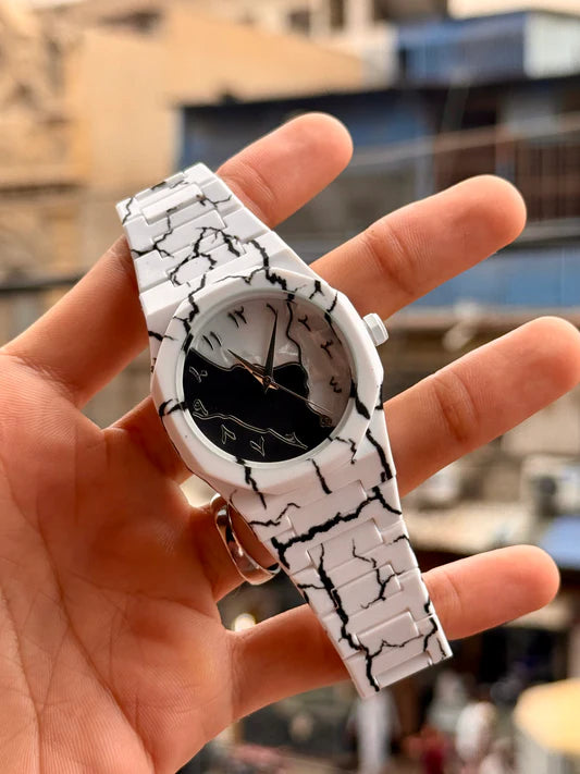 Premium White Marble Arabic Aura Watch With Box