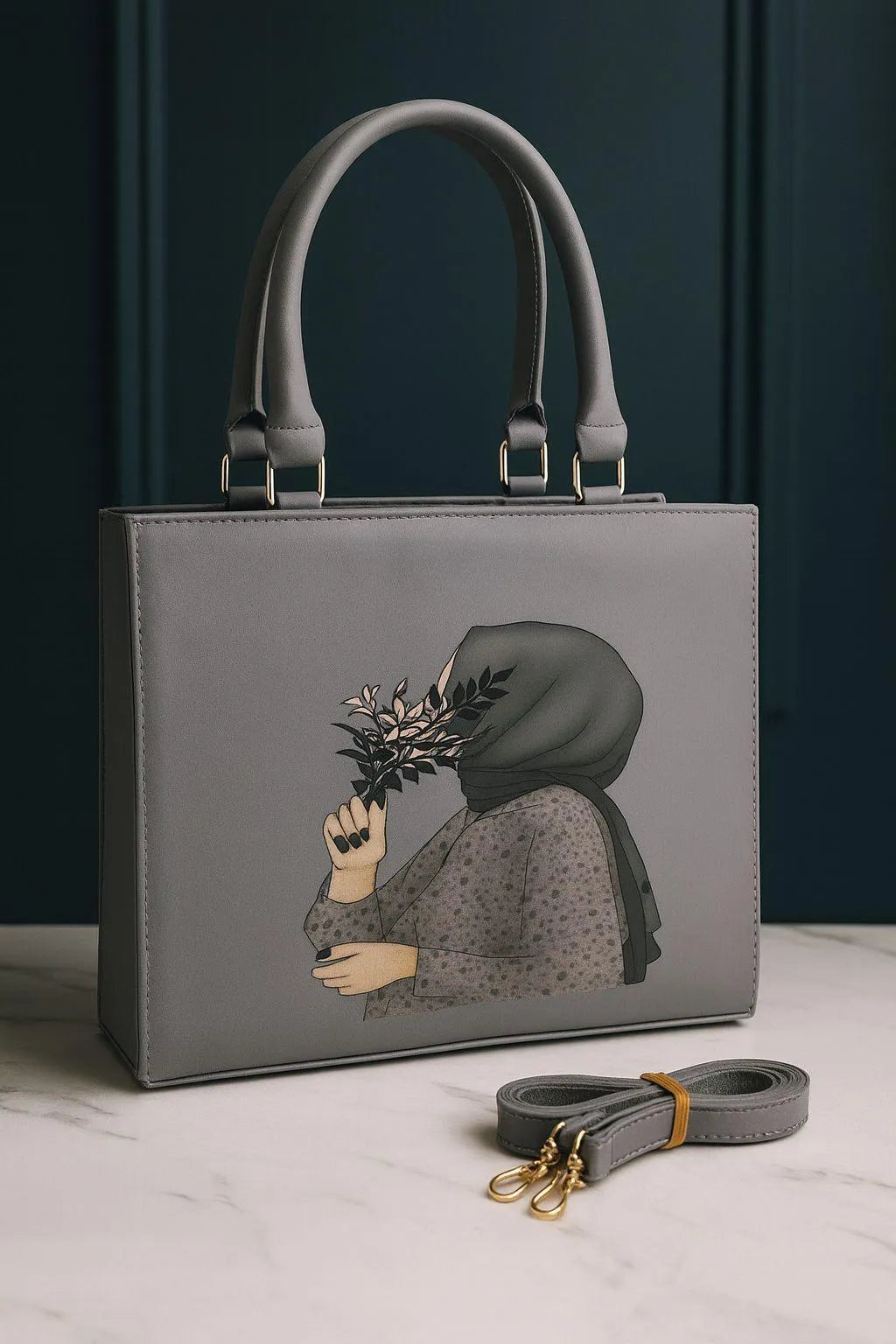 Hijab Girl Canvas Print Elegant Handbag Floral Design Tote