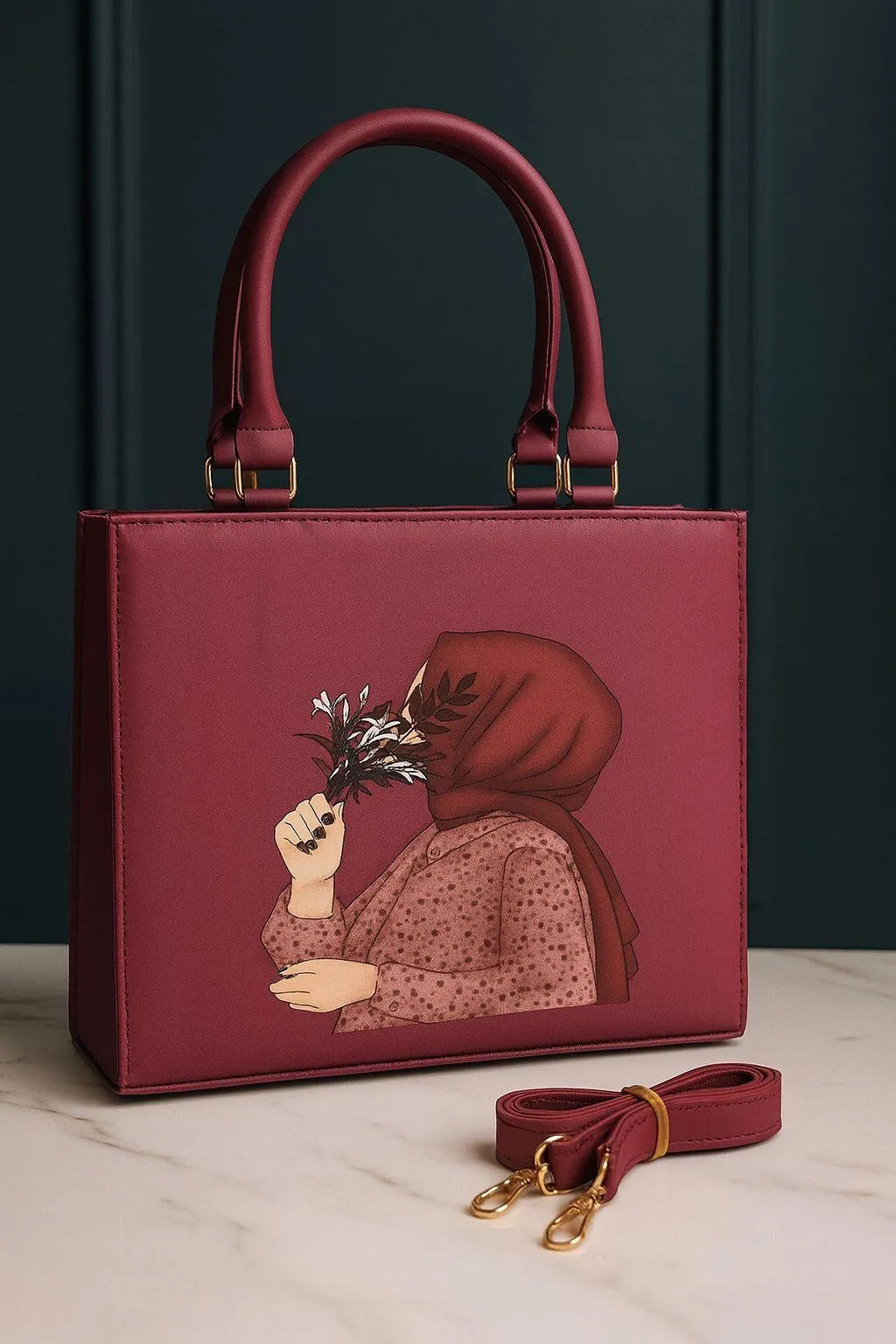 Hijab Girl Canvas Print Elegant Handbag Floral Design Tote