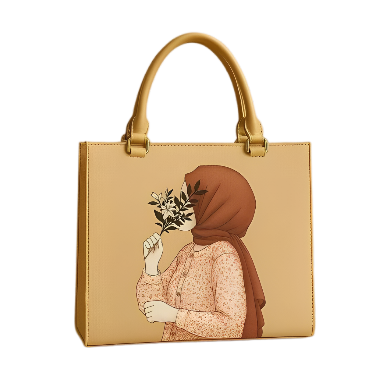 Hijab Girl Canvas Print Elegant Handbag Floral Design Tote