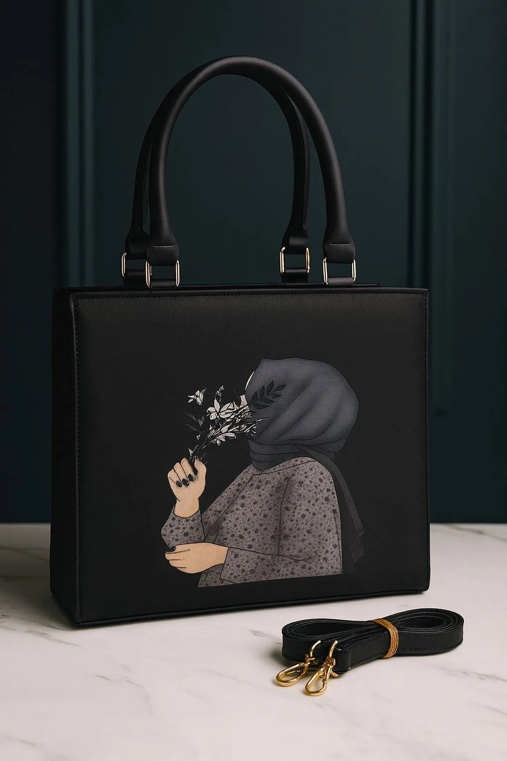 Hijab Girl Canvas Print Elegant Handbag Floral Design Tote