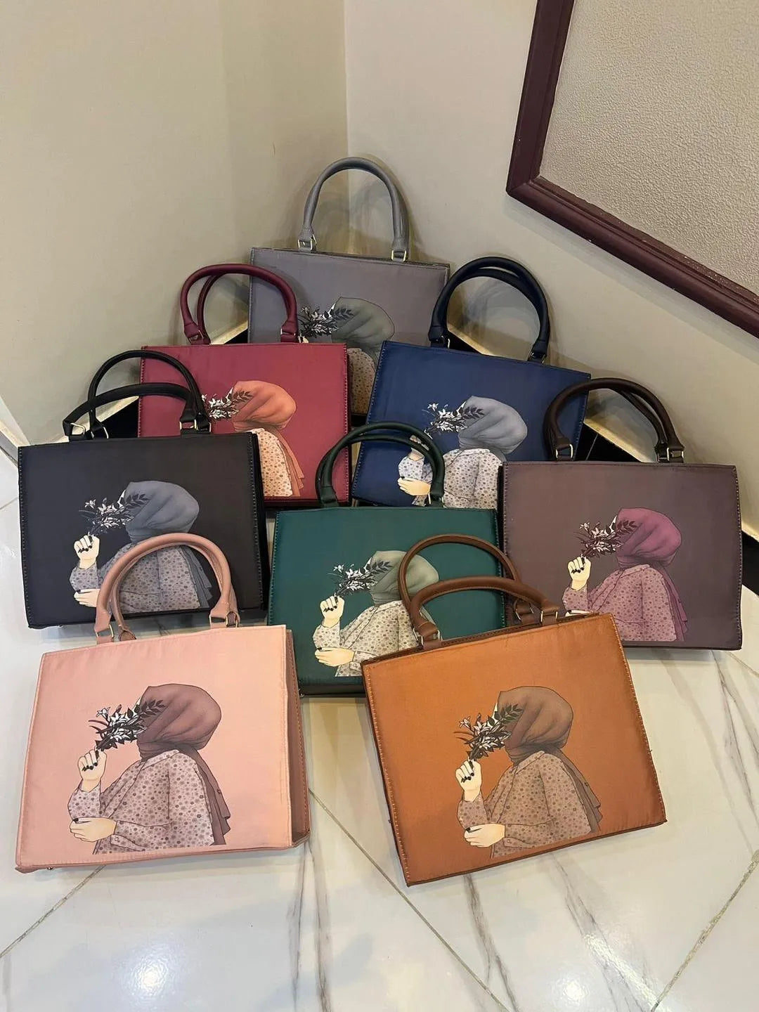 Hijab Girl Canvas Print Elegant Handbag Floral Design Tote