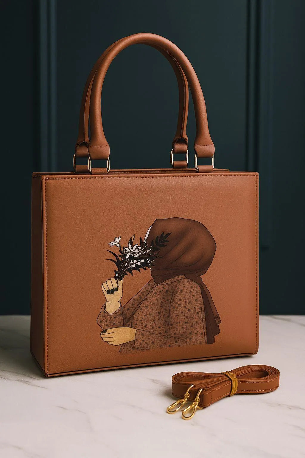 Hijab Girl Canvas Print Elegant Handbag Floral Design Tote