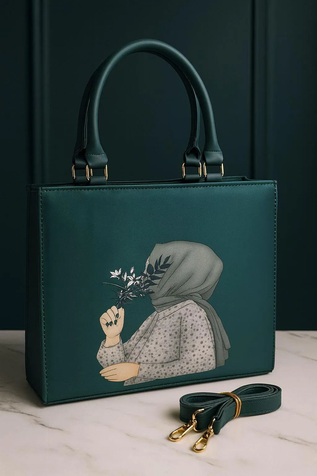 Hijab Girl Canvas Print Elegant Handbag Floral Design Tote