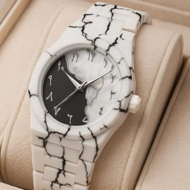 Premium White Marble Arabic Aura Watch With Box